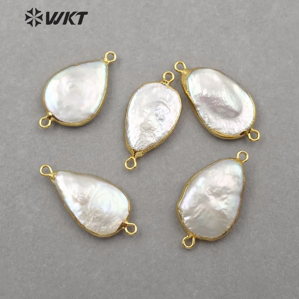 

WT-JP130 Natural Freshwater Pearl Pendant Teardrop Beauti White Pearl With Double Hoops Gold Metal Bezel Connector For Jewelry