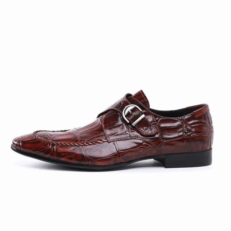 

Men Dress Shoe Crocodile Leather Brogue Black Color Buckle Strap Pointed Toe Luxury Fashion Mens Dress Wedding Formal Shoes