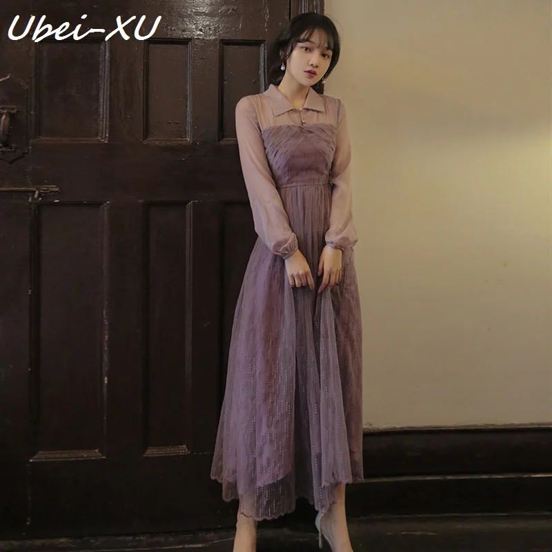 

Ubei Retro fairy dress Spring 2023 new long-sleeved elegance dress flowing big line seaside resort dress purple long dress women