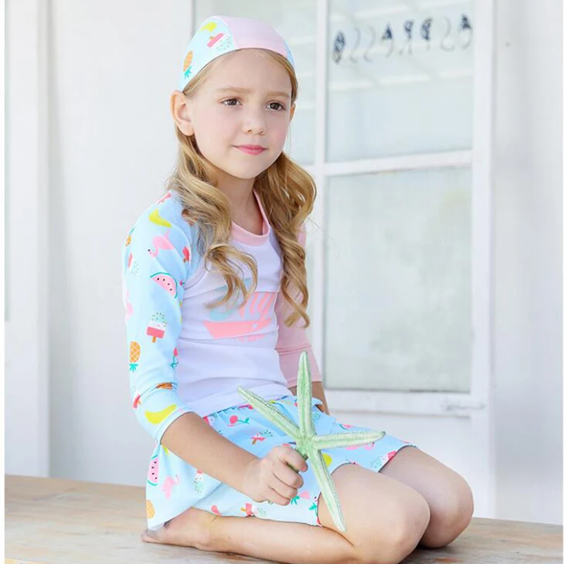 USEEMALL 2-10Y Girls Cartoon Print Swimwear Quick-drying Split Skirt Trousers Children Swimming Clothes UV Sunscreen Swimsuits | Спорт и