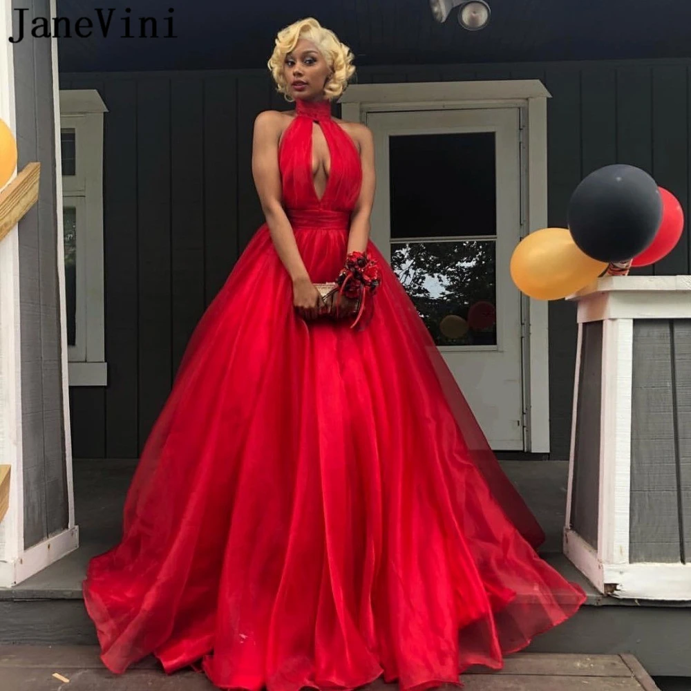 

JaneVini Sexy Prom Dresses Red with Pockets A Line Halter Sleeveless Open Back Organza Sweep Train Long Prom Gowns Gala Jurken