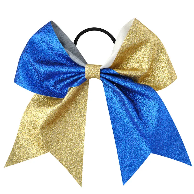 Golden-Sapphire blue 1PC 7Inch 2Color Mix Girls Boutique Solid Glisten Cheerleading Bow Hair Ring Elastic Hair Bands Hair Bows Women Hair Accessories - Цвет: Golden-Sapphire blue