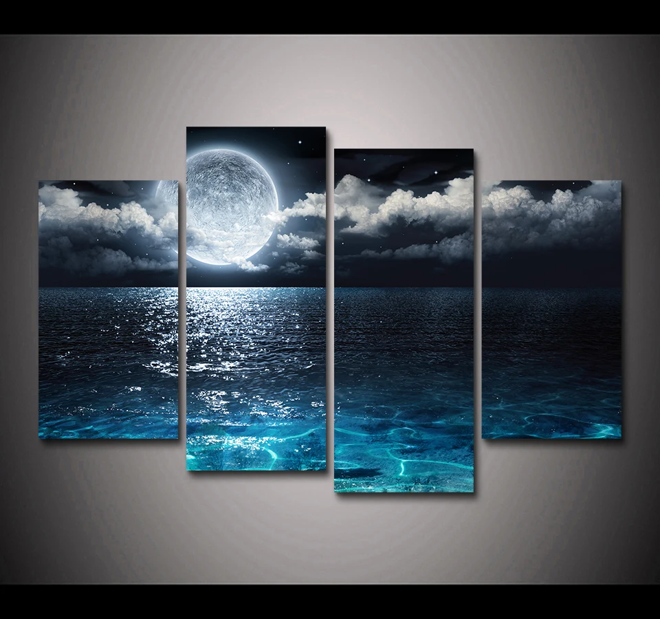 

HD печать 4 шт. Луна и океан Морской пейзаж холст живопись Домашний Декор абстрактный Холст Настенная картина для гостиной Декор PT1673