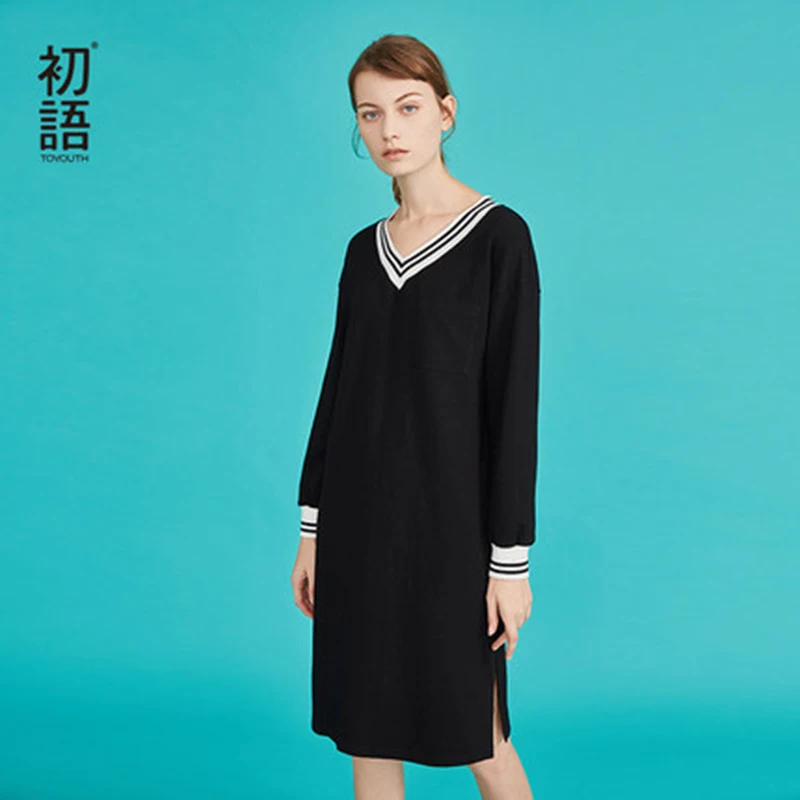 Toyouth V Neck Striped Autumn Women Long Dresses Contrast Color H Line Embroidery Female Dress One Piece Vestidos Mujer|Женские платья|