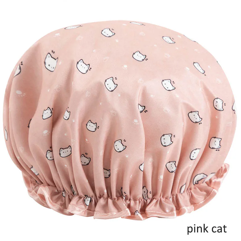 pink cat 1 шт., шапочка для ванной, водонепроницаемая, для душа, покрытие для волос, толстая шапочка для душа, s, двойной слой, для ванной, для женщин, принадлежности, эластичная лента, шапка - Цвет: pink cat