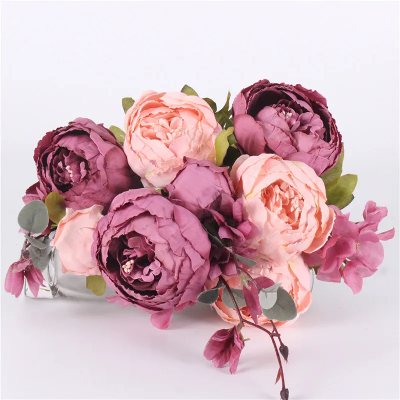 Высокое качество Шелковый цветок Европейский 1 букет Искусственные цветы Осенняя яркая Роза Пион Искусственный лист Свадебные вечерние украшения для дома - Цвет: C orange and pink