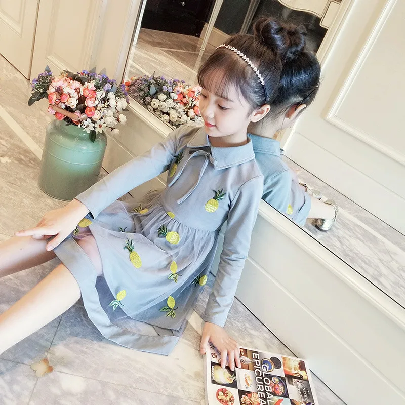 Autumn Pineapple Print Girl Dress Long-Sleeve Cartoon Design Girls Birthday Kids Clothes Princes Party | Детская одежда и обувь