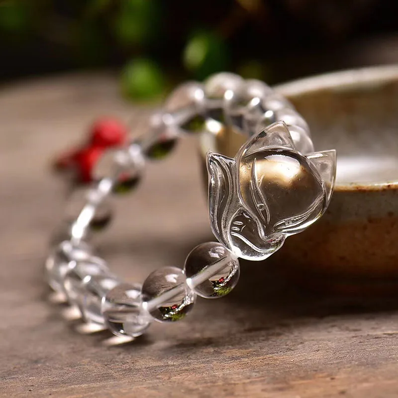 

Wholesale White Natural Crystal Bracelets 8mm Round Beads With Fox Bracelet Lucky Wealth for Women Girlfriend Crystal Jewelry