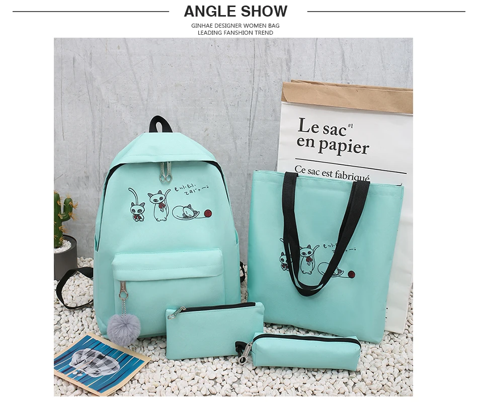 4Pcs/Set Travel Casual Oxford Letter Backpack Preppy Style Cute School Bags For Teenage Girls Women Cat Book Bag Rucksack Dame
