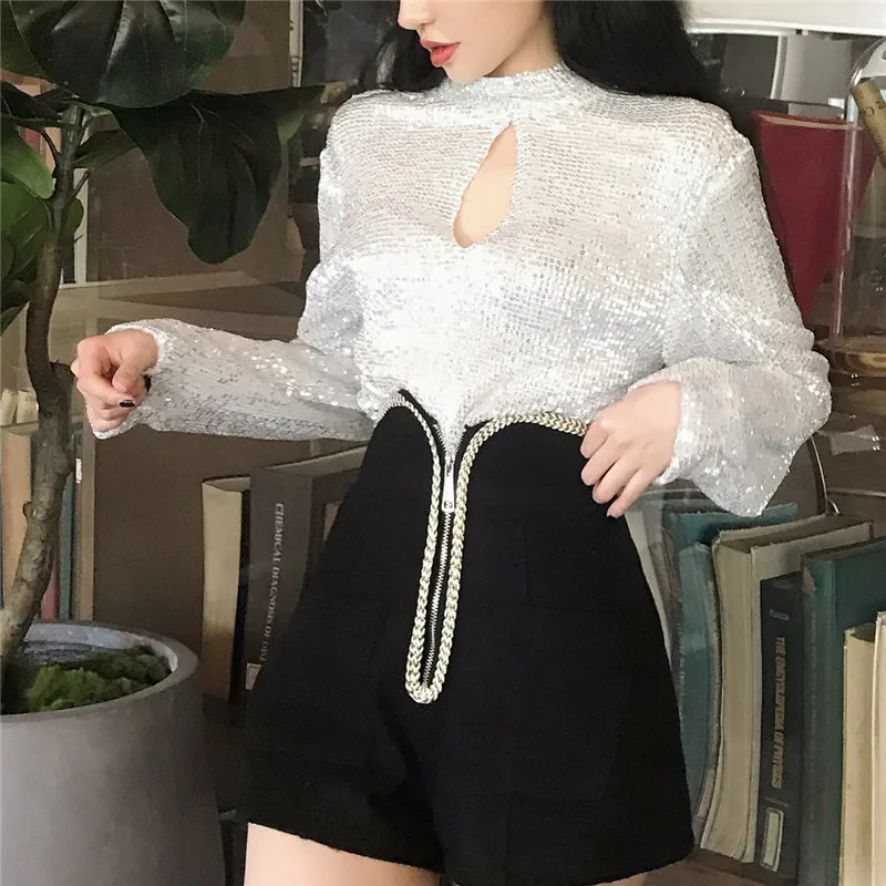 Silver Gold Club Tops 2019 Korean Women Fashion Sexy T-shirts Hollow Out Long-sleeved Tight Sequins Shirts 90s Christmas | Женская