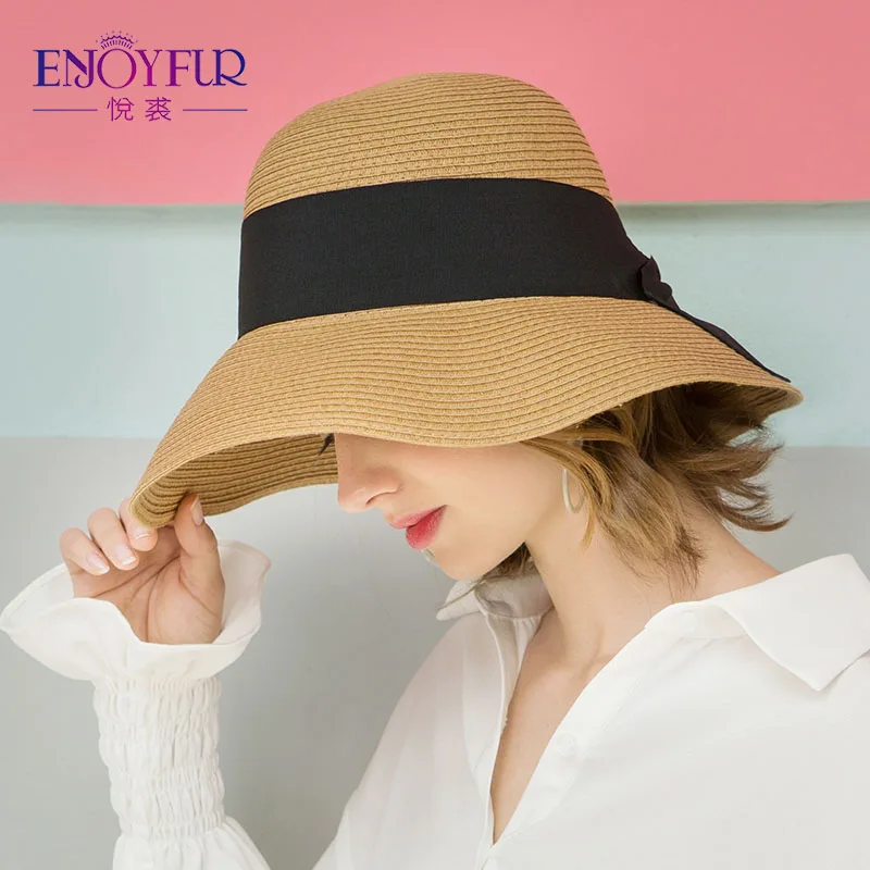 Шляпа от солнца ENJOYFUR модная женская пляжная шляпа с бантом летняя соломенная для