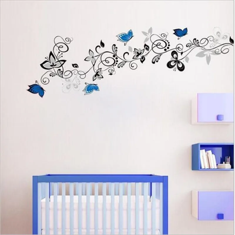 

1PCS 50*70CM Large Black Blue Gray Butterfly Vine Sticker DIY Wall Decals Elegant For Kids Room Living Room Decor Home Art Mural