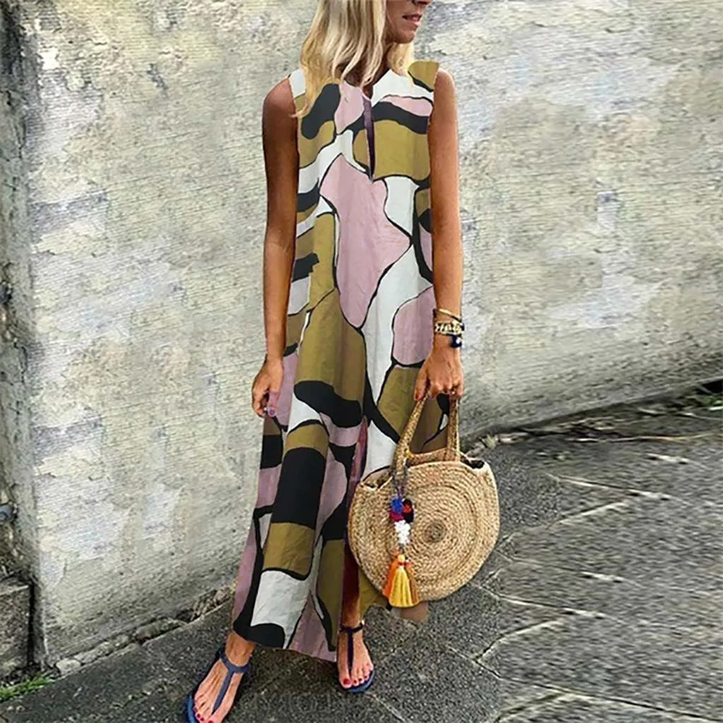Vetement femme 2019 Пляжное Платье макси с v образным вырезом и принтом свободное нарядное