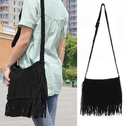 2016 Женская Замшевая сумка мессенджер с бахромой и кисточками через плечо ранец