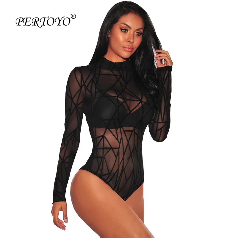 PERTOYO женская сексуальная сетка боди с длинным рукавом Sheer Mesh сексуальные осень