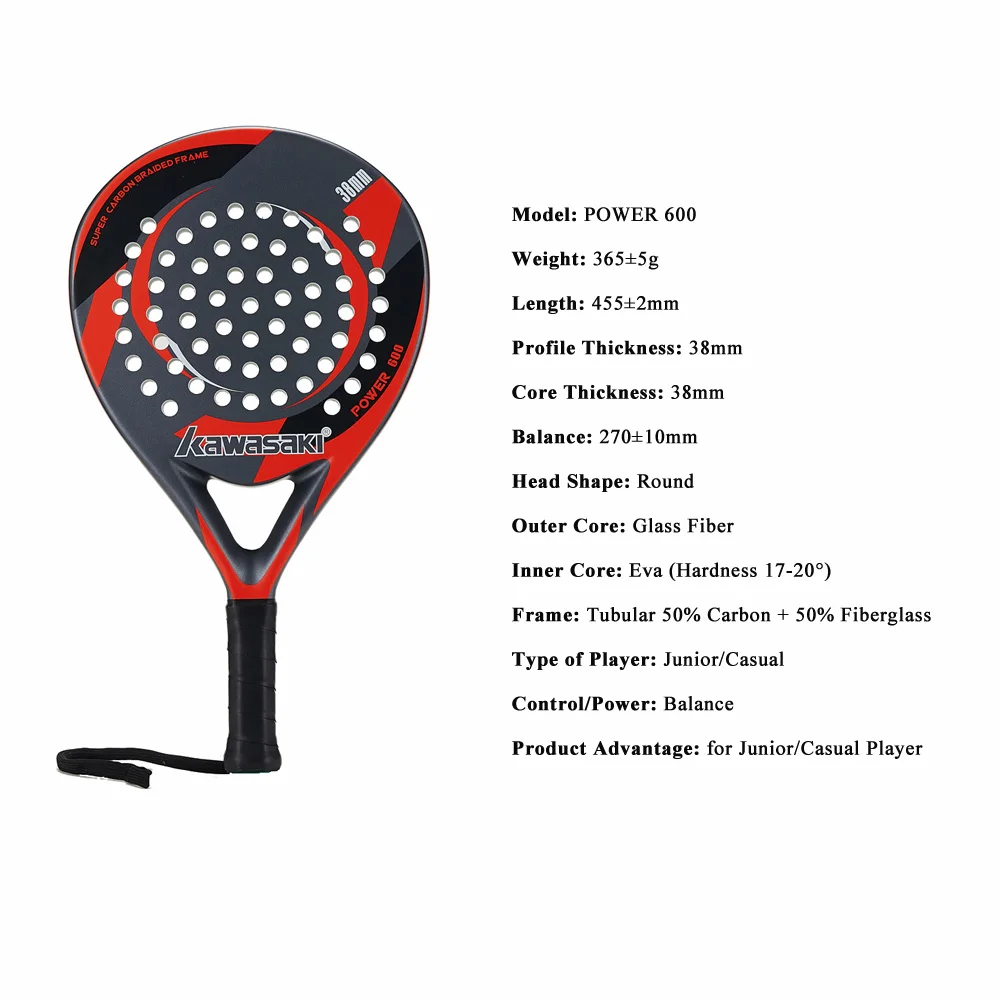 Kawasaki POWER 600 Padel ракетка 38 мм теннисная паделл ракетка для юного игрока карбоновая рама Мягкая EVA лицо с веслом сумка
