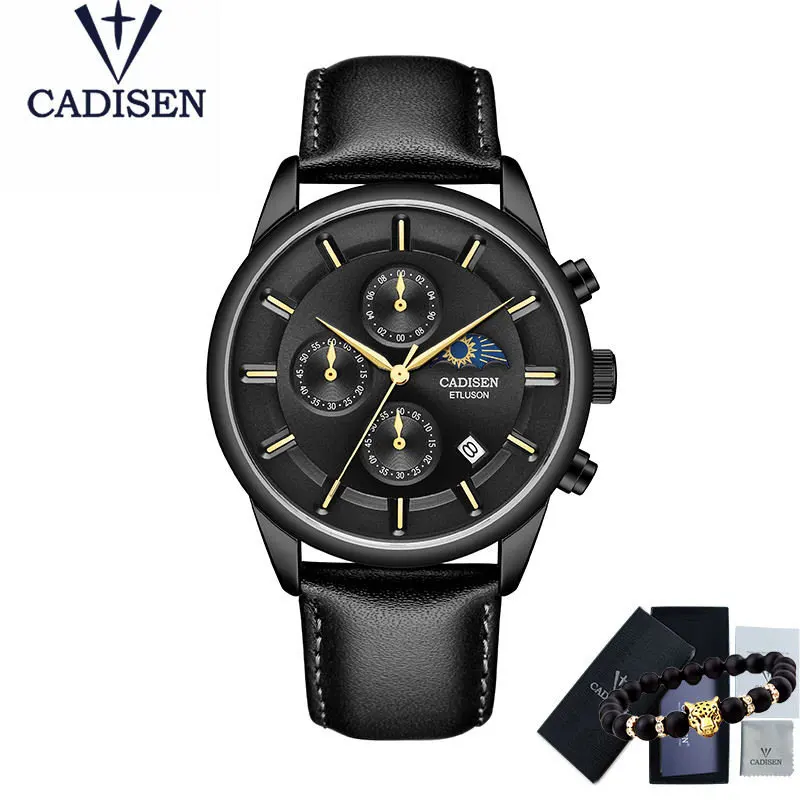 CADISEN новые мужские часы, мужские часы, Топ бренд, Роскошные Кварцевые часы для мужчин, водонепроницаемые часы для мужчин, Moon phase Relogio Masculino - Цвет: ALL Black