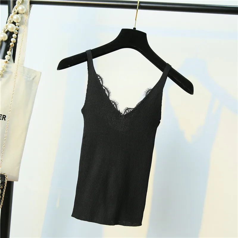 Женская кружевная Трикотажная майка сексуальный жилет с V-образным вырезом