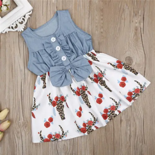 Summer Kid Baby Girl Sleeveless Denim Floral Ruffle Dresses Princess Party Patchwork Dress | Мать и ребенок