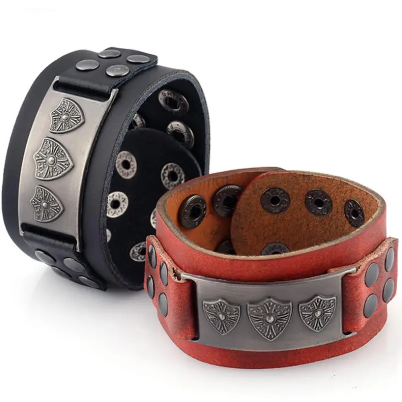 Fashion Vintage Punk Wide Genuine Leather Cuff Bracelet Alloy Shield Charm Buckle Bangle Wrap Women Wristbands Retro Men Jewelry | Украшения
