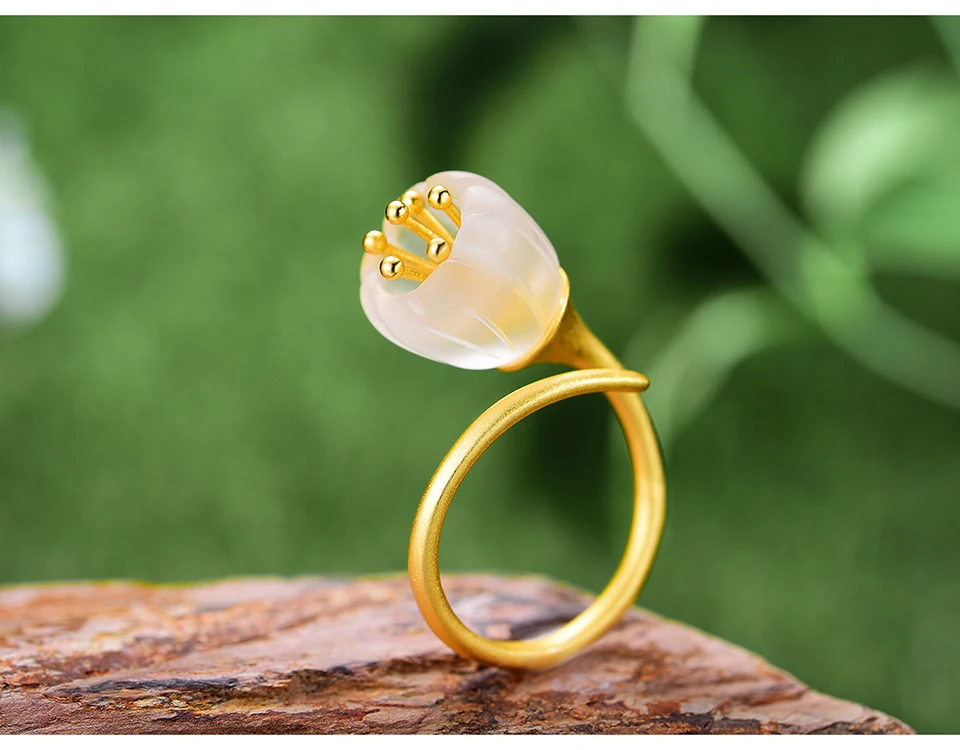 Lotus Fun, настоящее 925 пробы, Серебряное 18 К Золотое кольцо, натуральный кристалл, ручная работа, хорошее ювелирное изделие, цветок ландыша, кольца для женщин