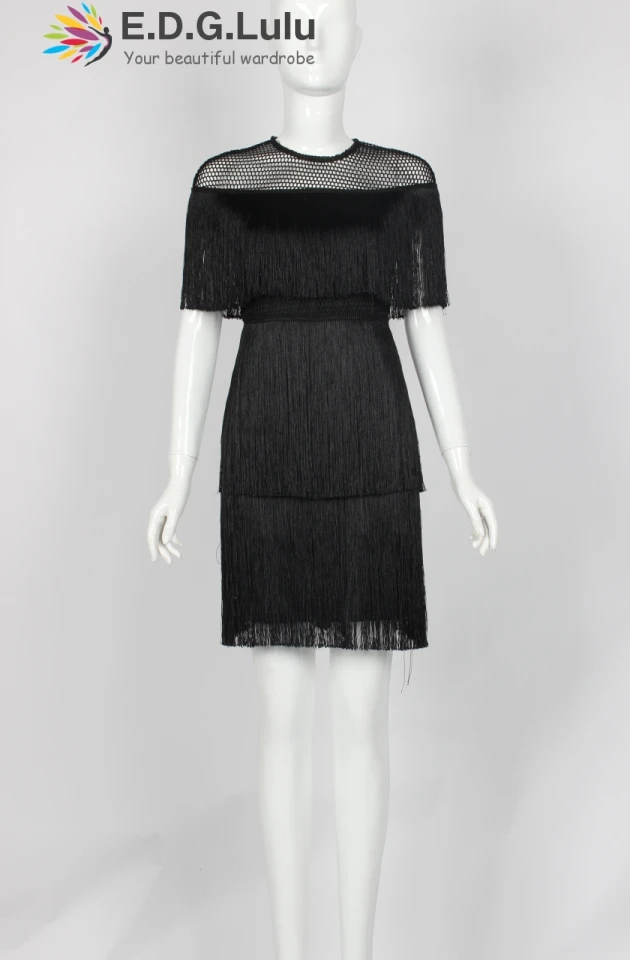Женское винтажное платье с бахромой элегантное привлекательное Сетчатое для