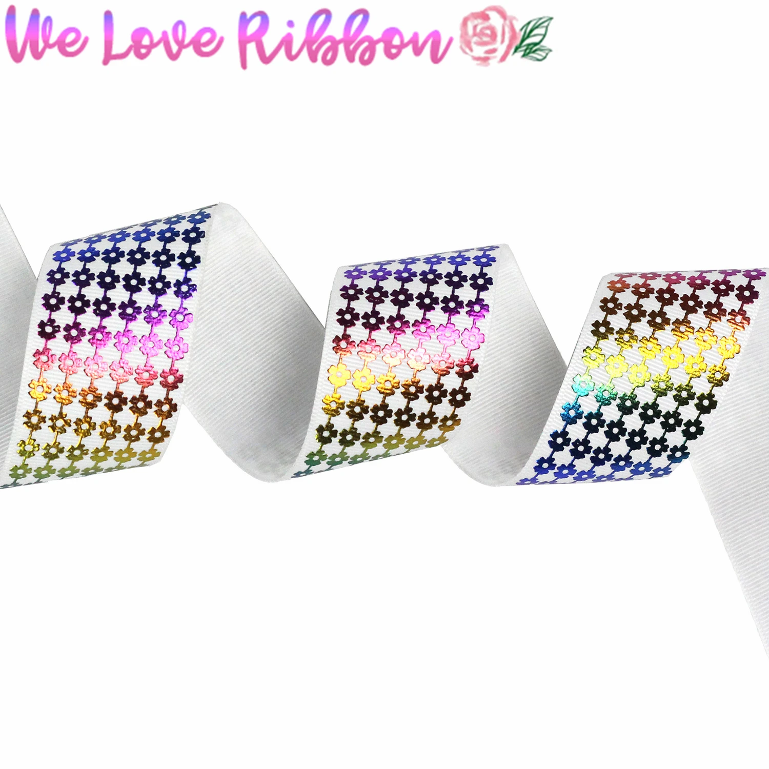 1-1/2&quot38mm Flower Rainbow Hologram Foil Printed Grosgrain Ribbon Solid Color Gift Bowknots Making #029 White 10yards/roll | Дом и сад