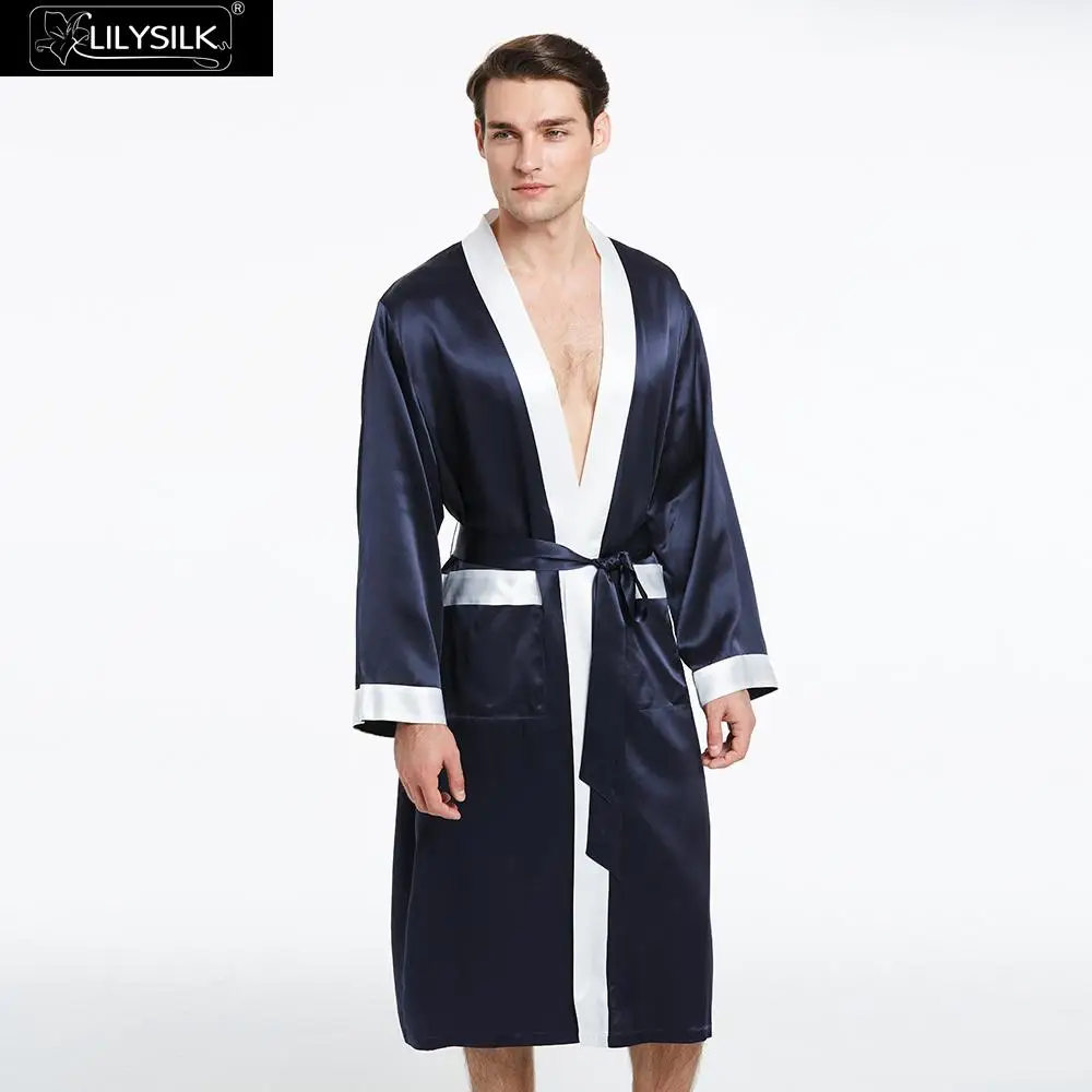 Navy Blue LilySilk халат одежда для сна для мужчин с контрастным цветом чистый 100 шелк 22 momme Роскошная натуральная мужская одежда - Цвет: Navy Blue