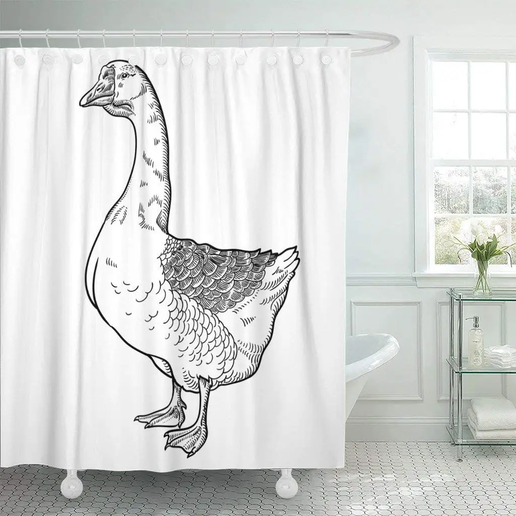 Занавеска для душа с крючками нарисованная белая Гусь эскиз ручной работы