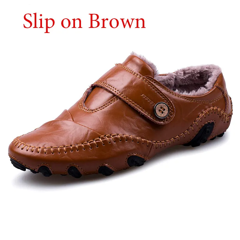 slip on brown Зимняя повседневная мужская обувь на меху; мужские лоферы в британском стиле; обувь из натуральной кожи; мужские мокасины на плоской подошве; Мужская обувь для вождения - Цвет: slip on brown
