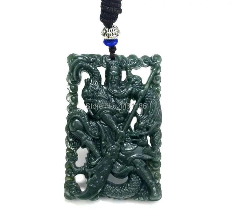 Натуральный темно-зеленый нефрит резной дракон/Guan Yu полые кулон цепочки и ожерелья китайский справедливость общие Гуань Гун амулет