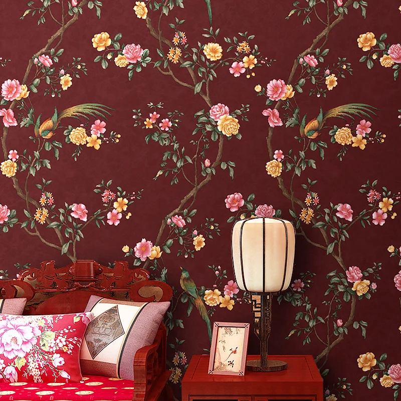 

Современные китайские цветы и птицы красные нетканые обои новая классическая спальня книжная комната ТВ фон обои рулон