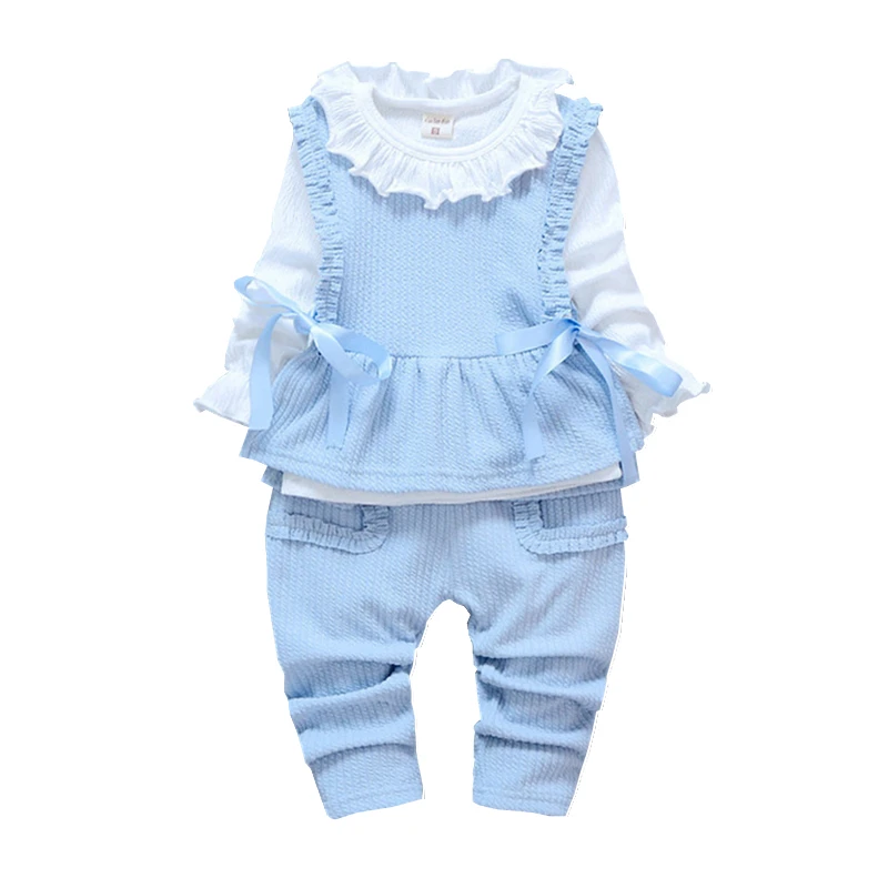

Spring Autumn Clothes Baby Girl Cotton Ribbon Vest Lotus Leaf Collar T-shirt Pants 3Pcs/Sets Fashion Children Kids Clothing Suit