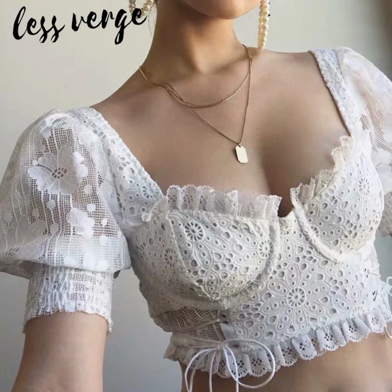 Женский Кружевной укороченный топ Lessverge Белый Винтажный кружевной на шнуровке с