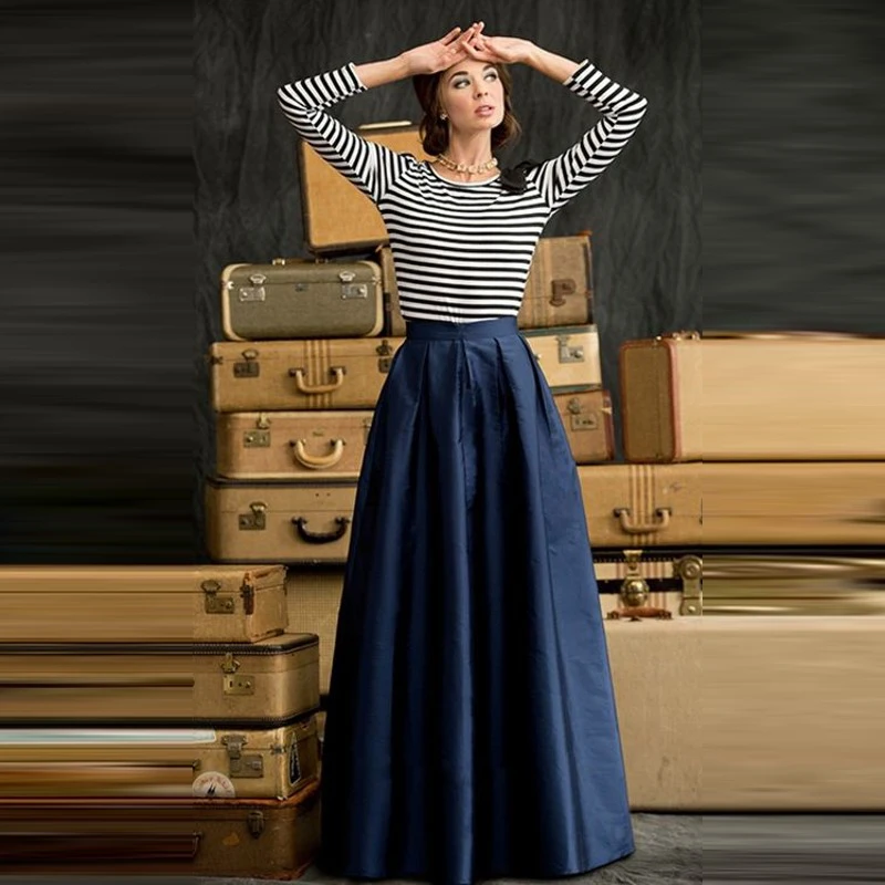 

Autumn Winter Dark Navy Blue Skirt Zipper Waistline A Line Floor Length Long Maxi Skirt Custom Made Fashion Casual Skirt