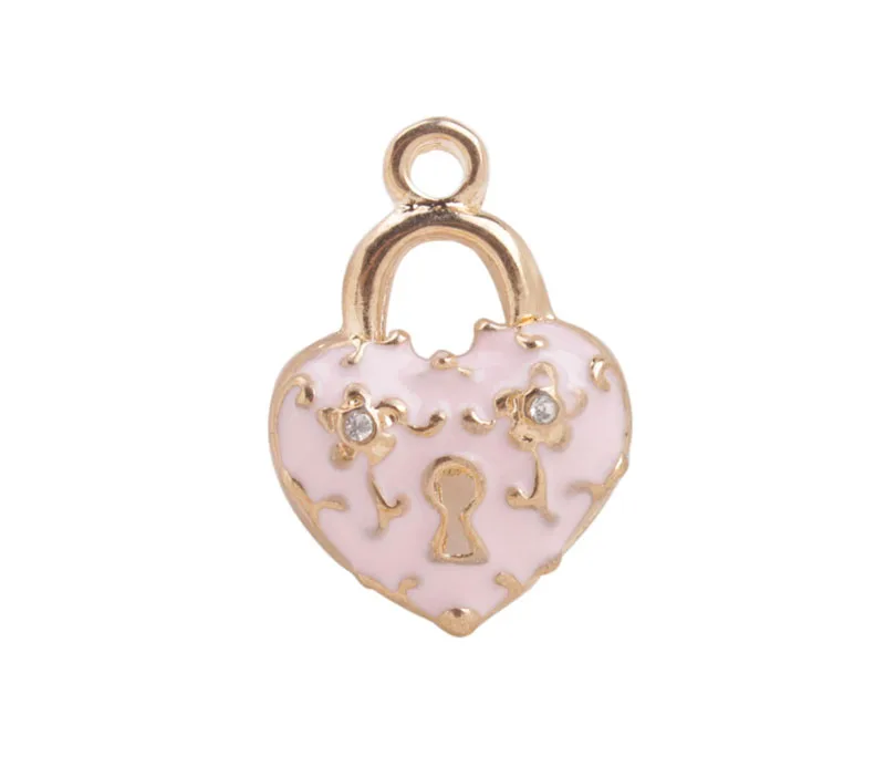 

FREE SHIPPING 20PCS Pink Enamel Heart Lock Key Golden Charms