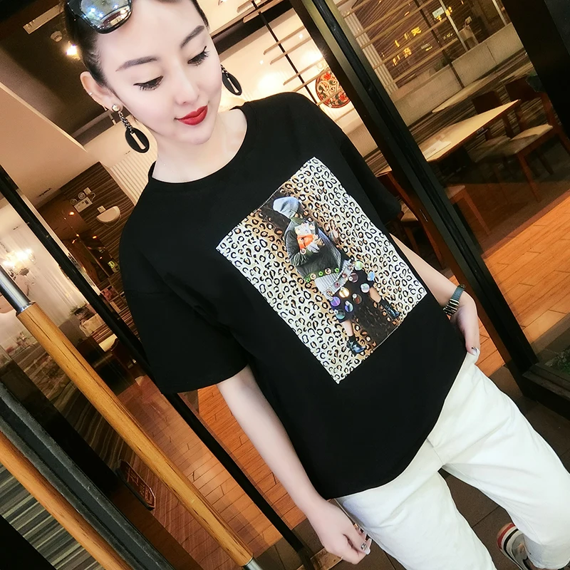 Корейский Леопардовый принт пэтчворк футболка 2019 Новая летняя модная с круглым