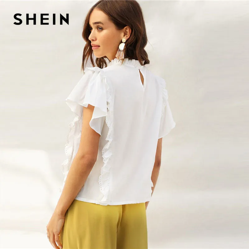 SHEIN Топ С Оборкой И Кружевом Летняя Блузка С Кружевной Вставкой И Коротким Рукавом