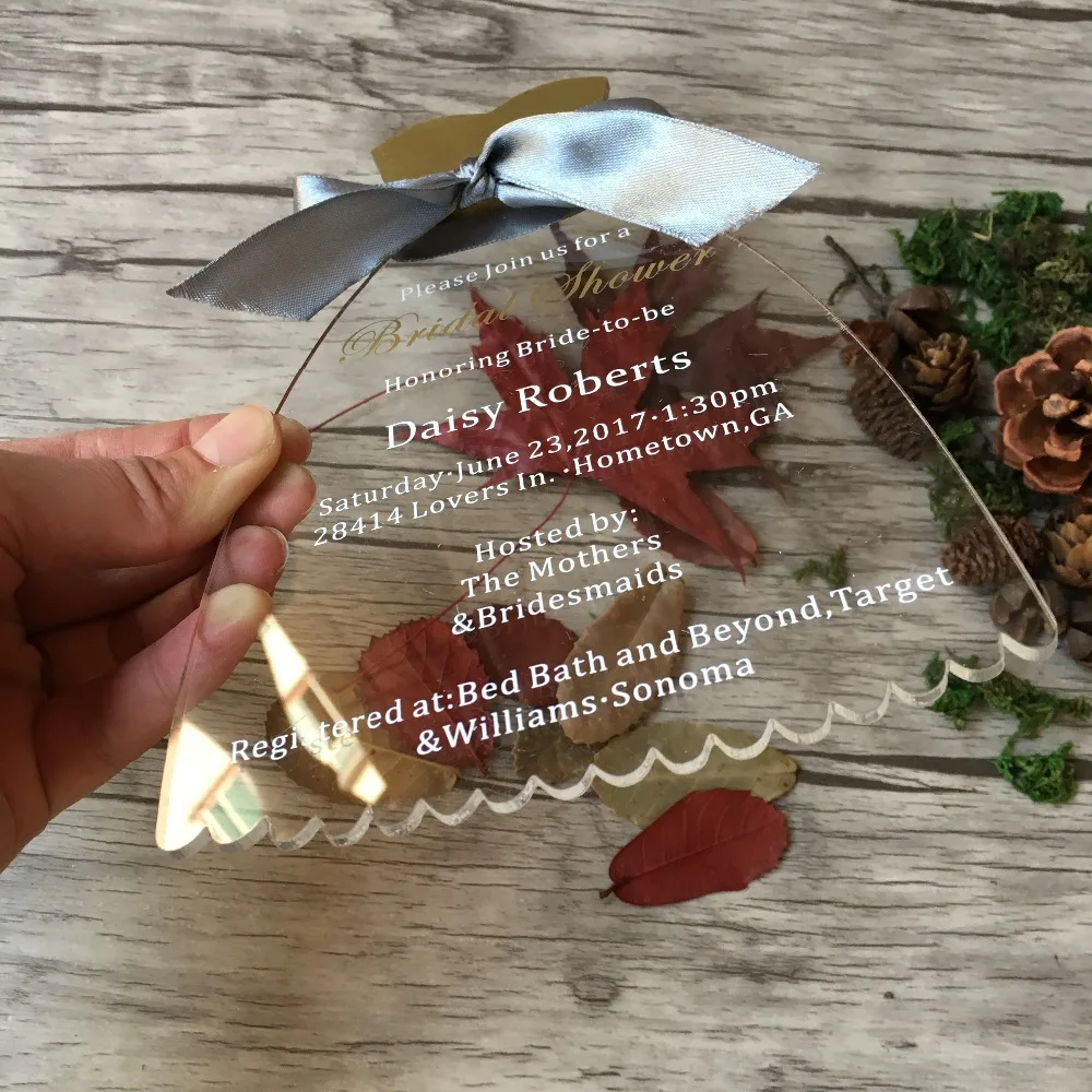 

Customized 5X7inch 100pcs per lot dress shape Clear Acrylic Bridal shower Invitation Card Acrylic Invitations