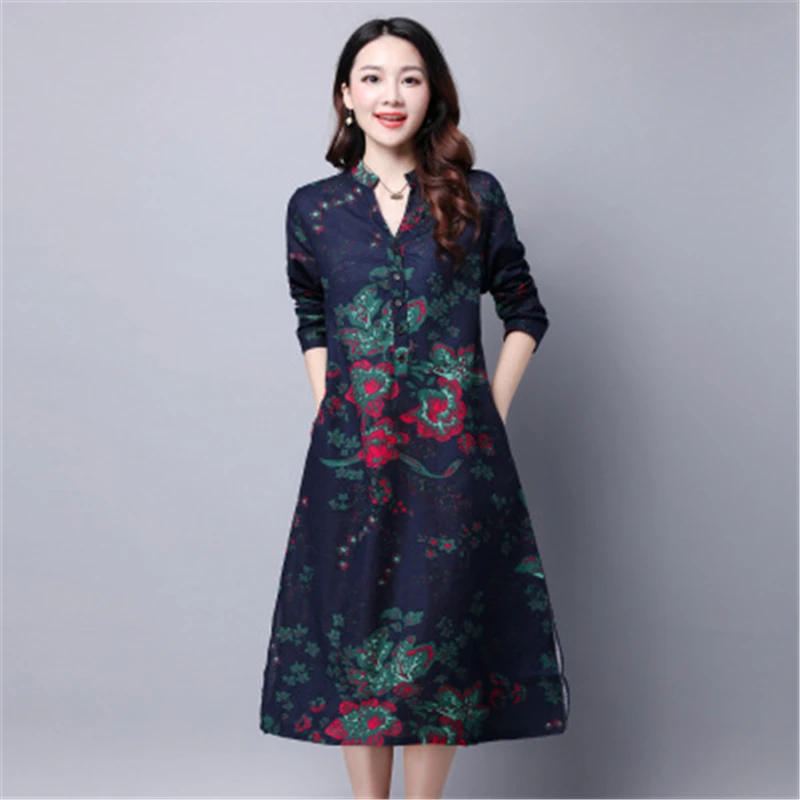 2020 New Spring Autumn Women's Dress Ethnic Style Loose Women Dreses Vintage Print Female Cotton linen Ladies FC64 | Женская одежда