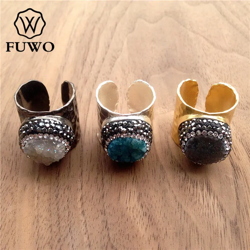 Кольцо FUWO Aura Druzy со стразами покрытое золотом 24 К гальванизированное