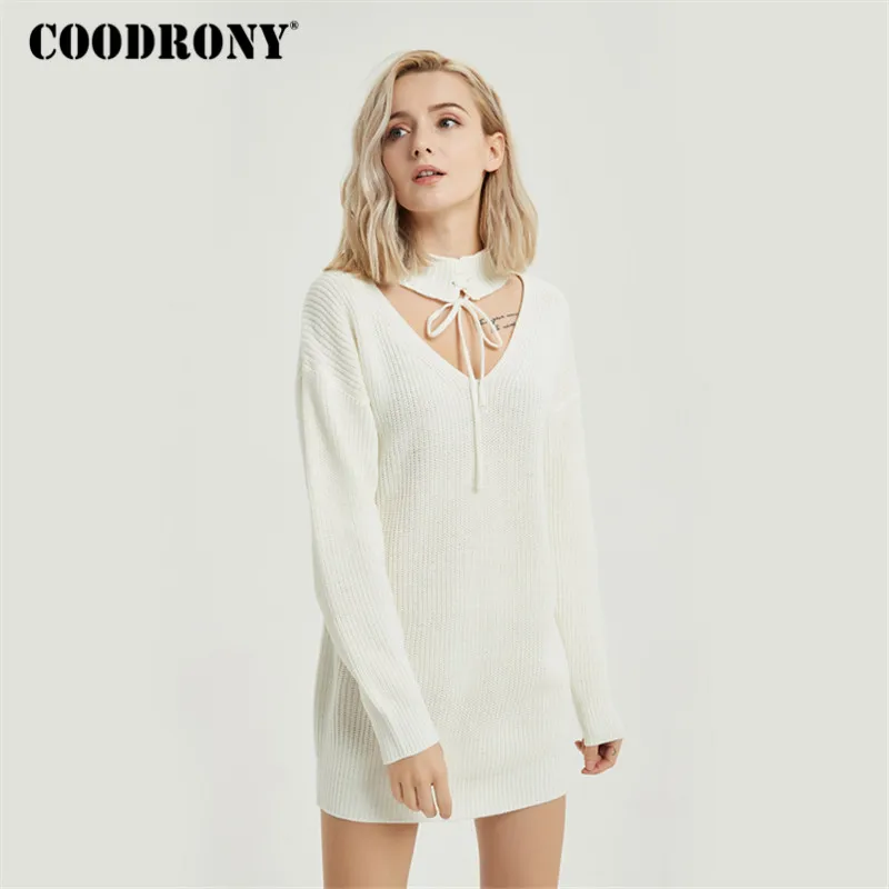 COODRONY длинный женский свитер Осень Зима Новое поступление свободные и удобные вязаные свитера с бантом пуловер с v-образным вырезом Femme 8904