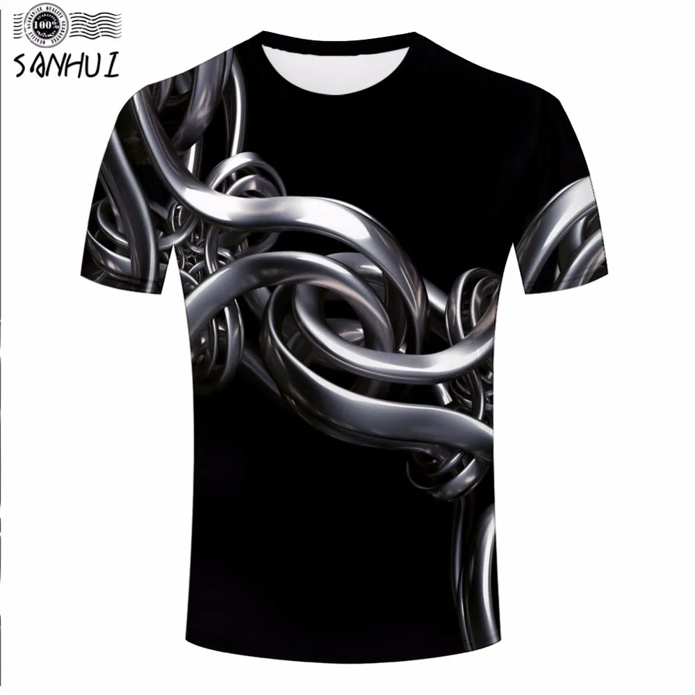 Бренд Мужской Одежды SANHUI 3D Металлические Цепи Печатных Футболку Уличной Моды 2017