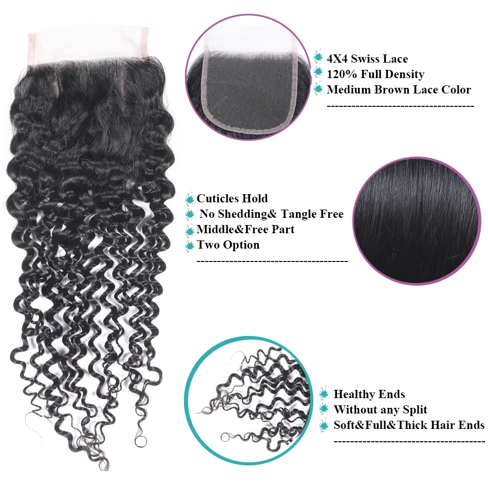 Малазийские человеческие пучки волос с закрытием Remy кудрявые вьющиеся волосы