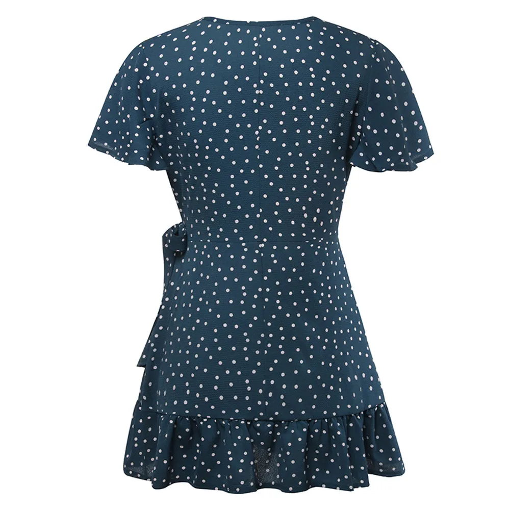 2019 Fashion Summer Women Dot Floral Flare V Neck Bow Ruffles Bohemian Party Short Dress Sundress Vestido de las mujeres | Женская