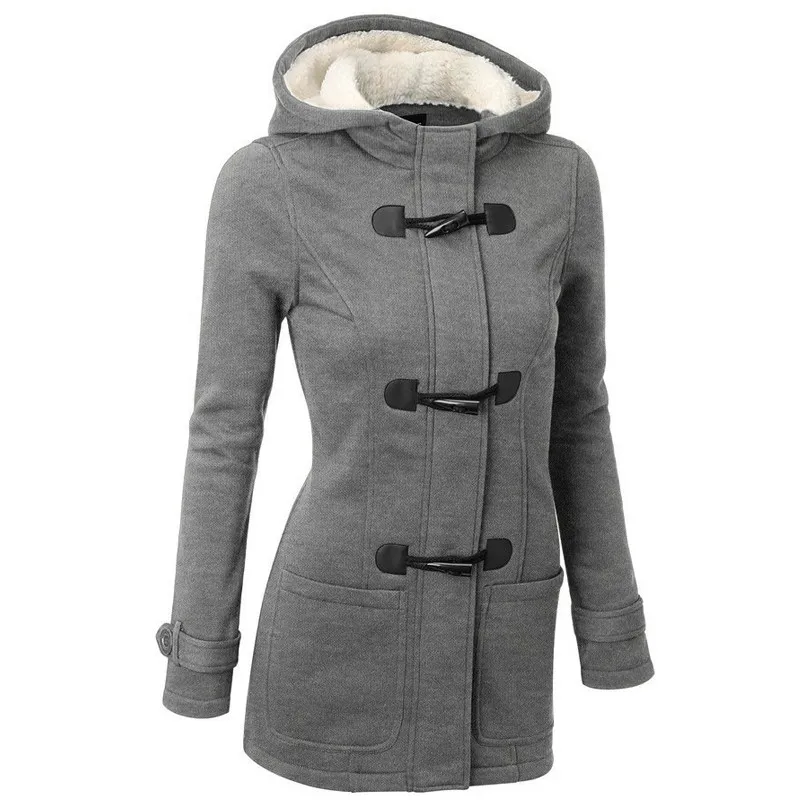 

Женский плотный Тренч с длинным рукавом, пальто на пуговицах с густыми рогами и пряжкой, облегающая верхняя одежда с капюшоном, весна-осень ...