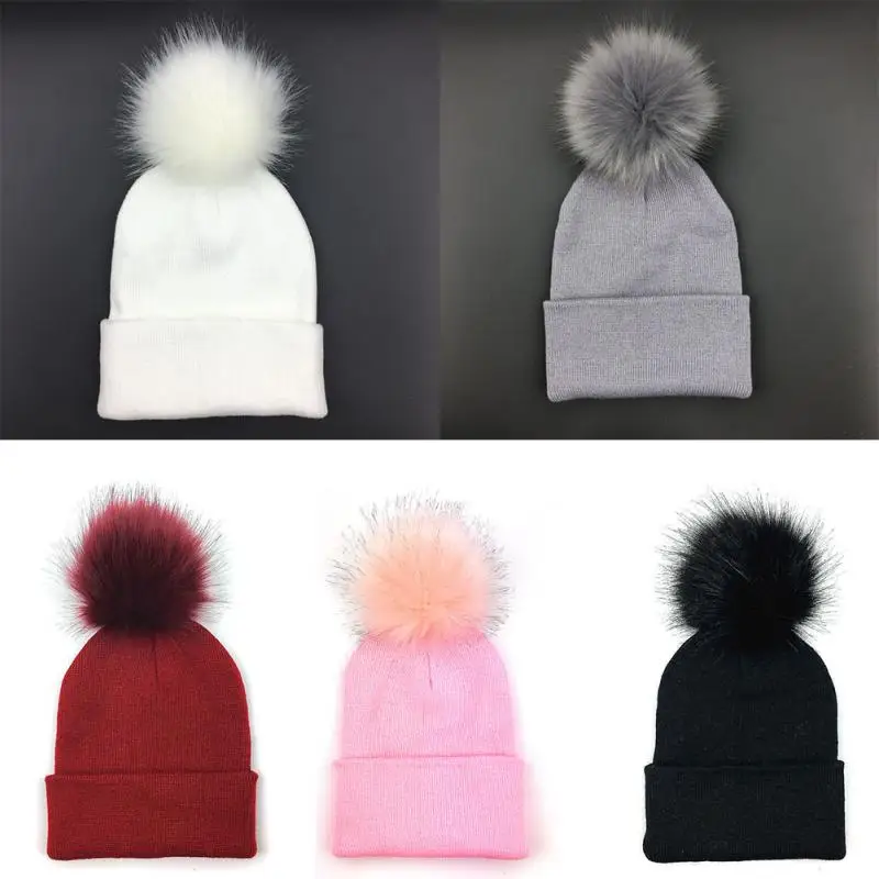Женские шерстяные шапки Skullies с большим мехом, пушистый помпон, шапки для взрослых, зимние шапки с помпоном, женские вязаные шапочки для девочек