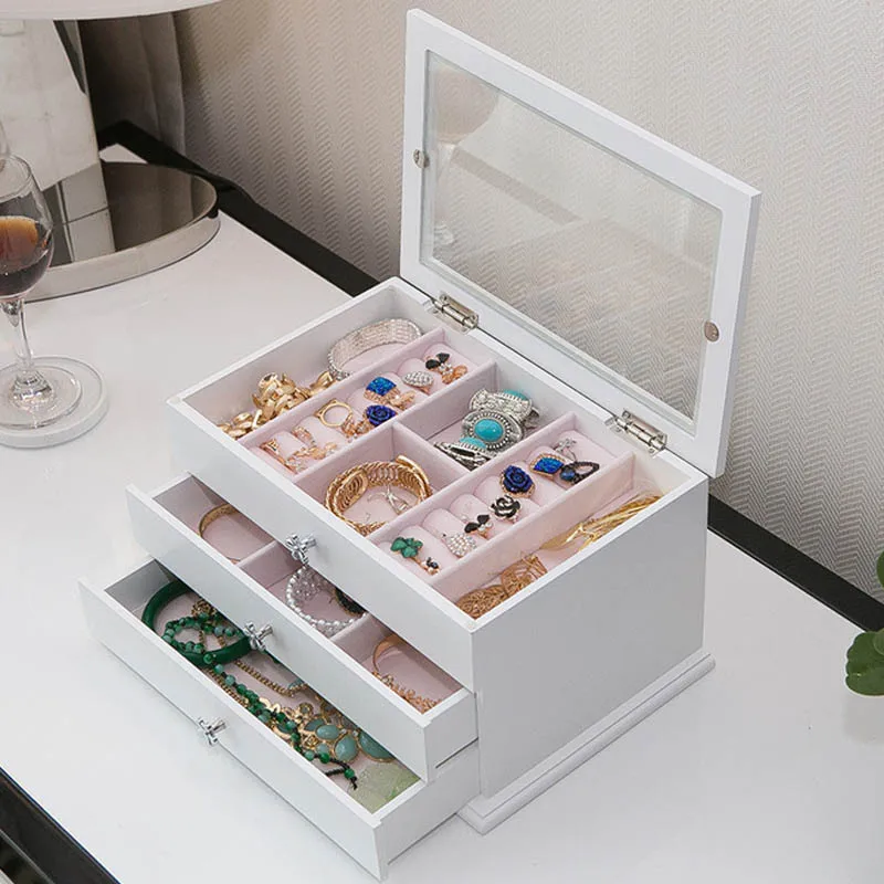Pаспродажа Женский органайзер для хранения ювелирных изделий, коробка с выдвижными ящиками, косметический чехол для путешествий и зеркальный кожаный ...