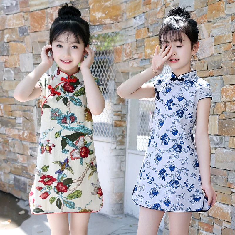 Детская Qipao короткий рукав китайский Стиль платья для девочек Cheongsam Повседневное