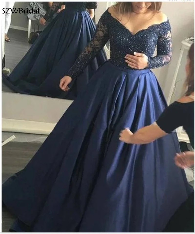 

New Arrival V Neck Long sleeve evening dress Navy Blue Ball gown evening dresses Lace Beaded Formal dress party robe de soiree
